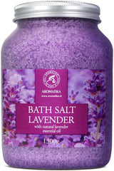 AROMATIKA sea salt lavender bath salts dispense pour demonstrates easy bath ritual.