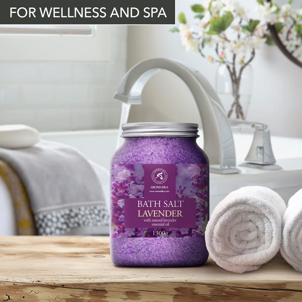 AROMATIKA sea salt lavender bath salts jar collection displayed for body care.