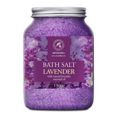 AROMATIKA sea salt lavender bath salts packaging shows premium lavender scent for relaxation.