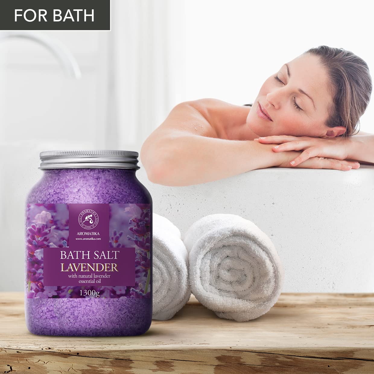 AROMATIKA sea salt lavender bath salts relaxation scene conveys calm mood support.