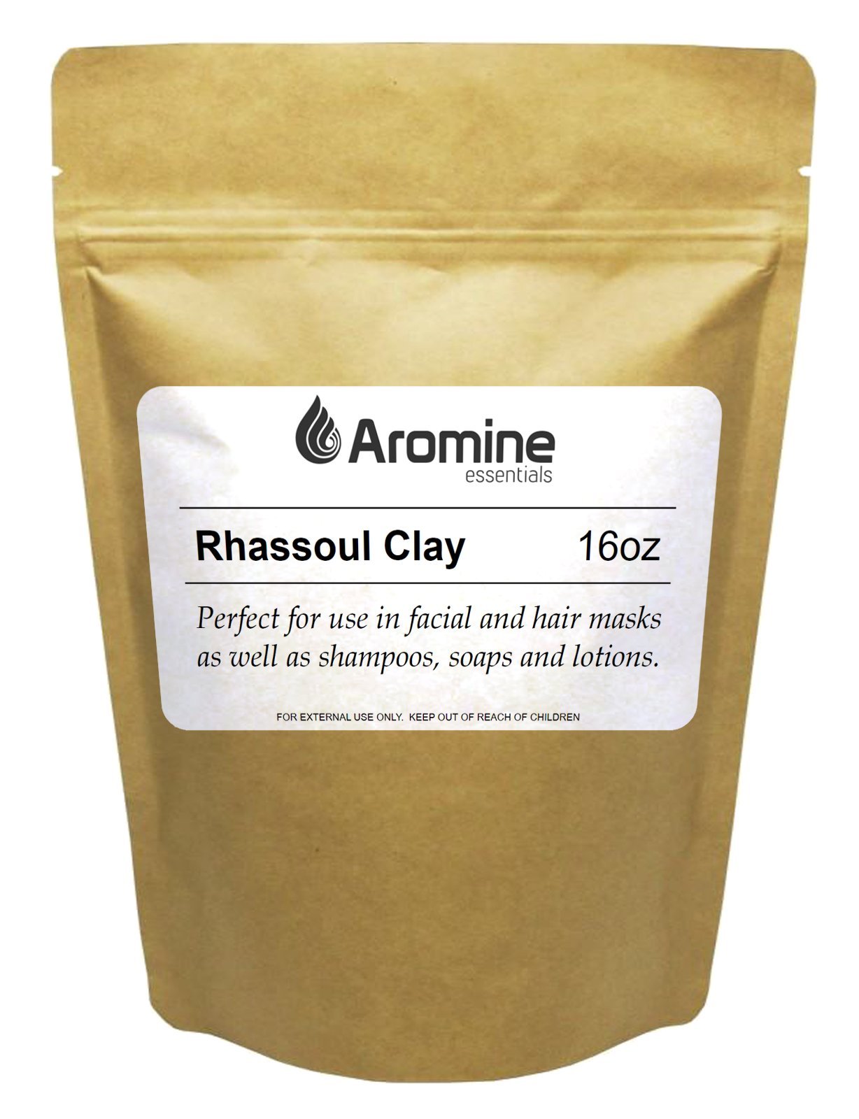 Aromine Rhassoul clay powder 16oz package for nourishing skin and cleansing hair.