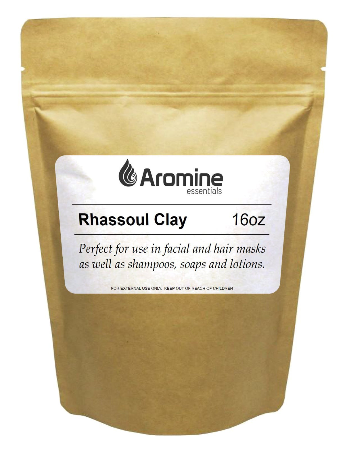 Aromine Rhassoul clay powder 16oz package for nourishing skin and cleansing hair.