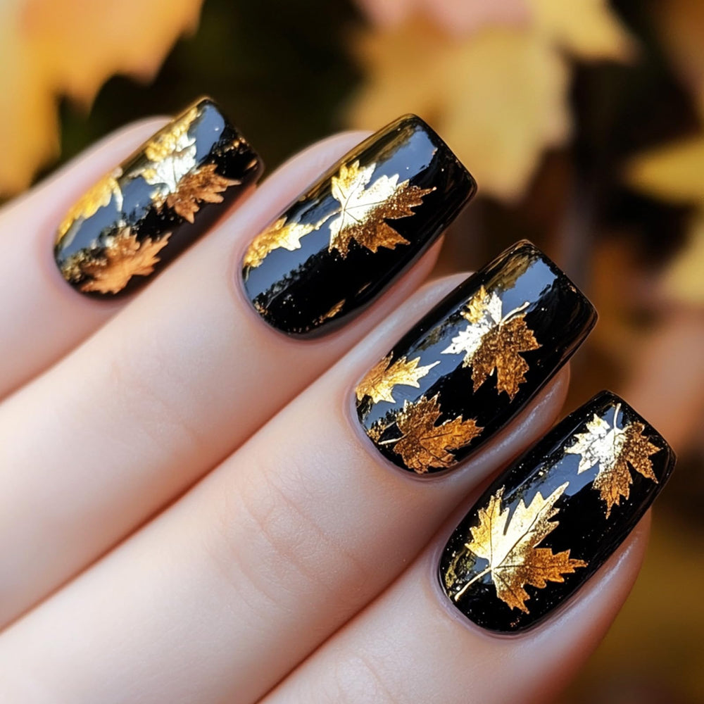 AROVFAM 3D maple leaf press-on nails for festive Thanksgiving outfits.