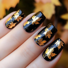 AROVFAM 3D maple leaf press-on nails for festive Thanksgiving outfits.