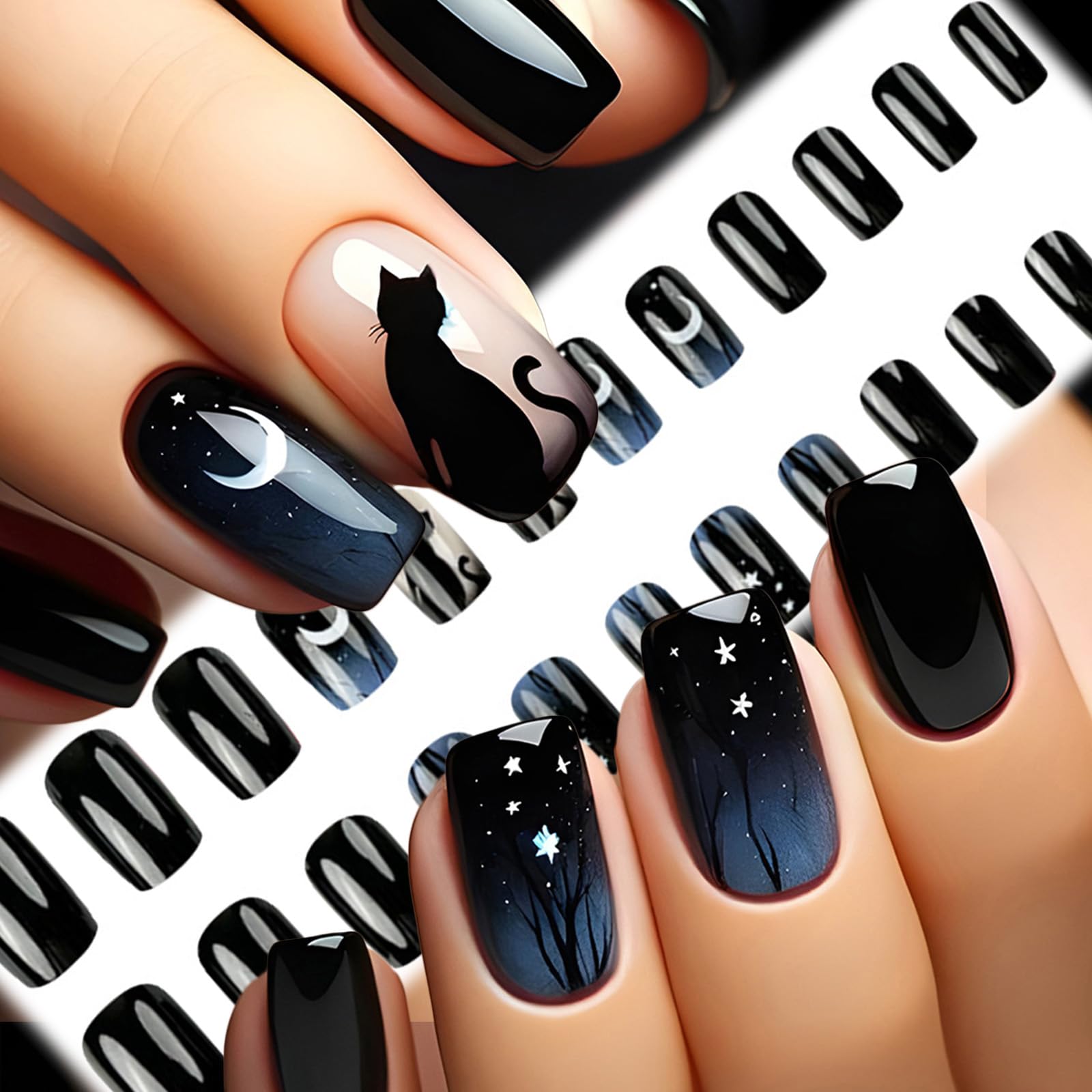 AROVFAM glossy black cat nails highlight reusable jelly glue option