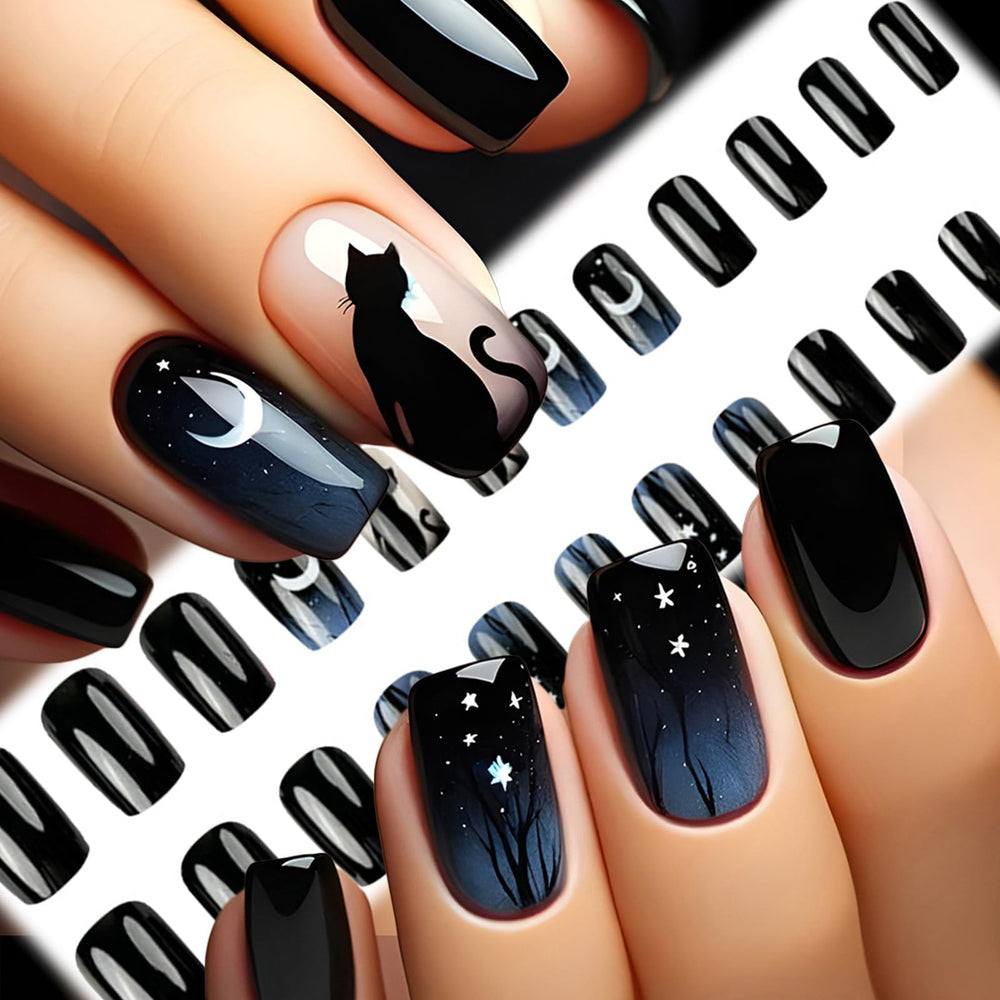 AROVFAM glossy black cat nails highlight reusable jelly glue option