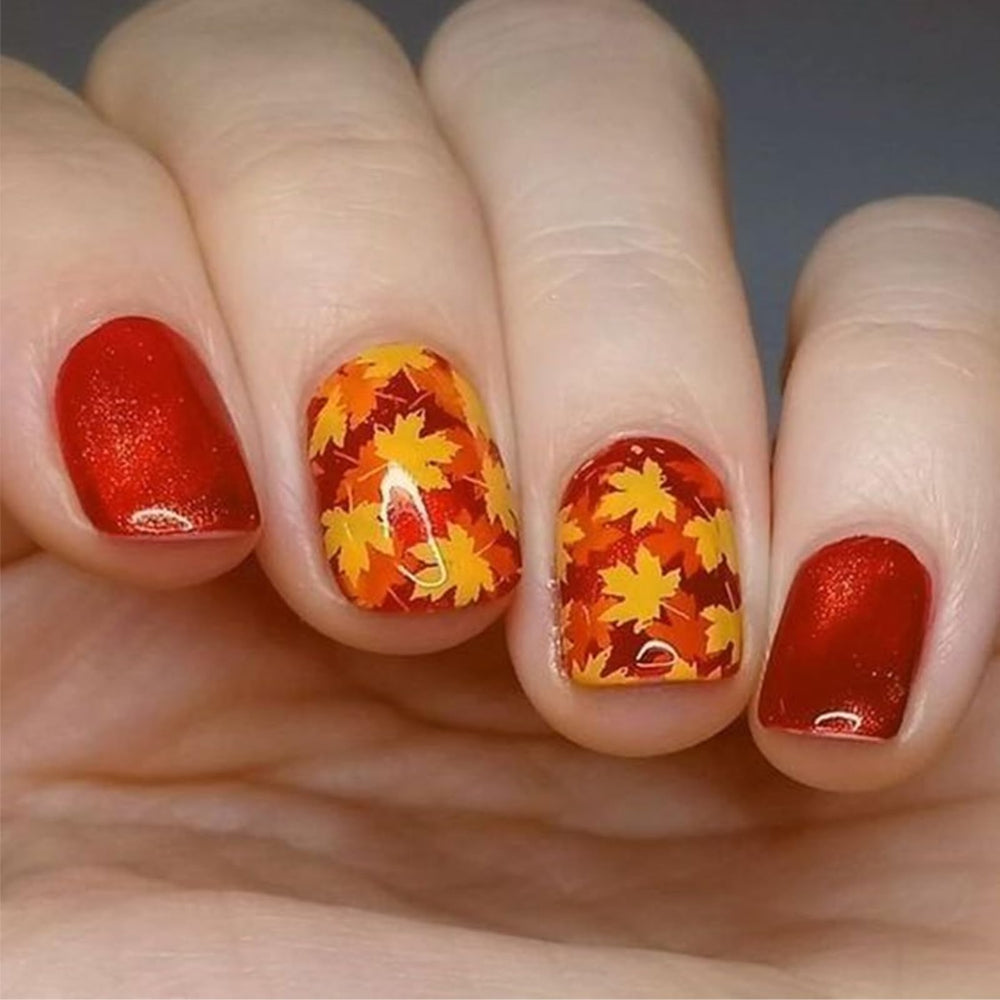 AROVFAM maple leaves press-on nails glossy finish for fall fashion versatility