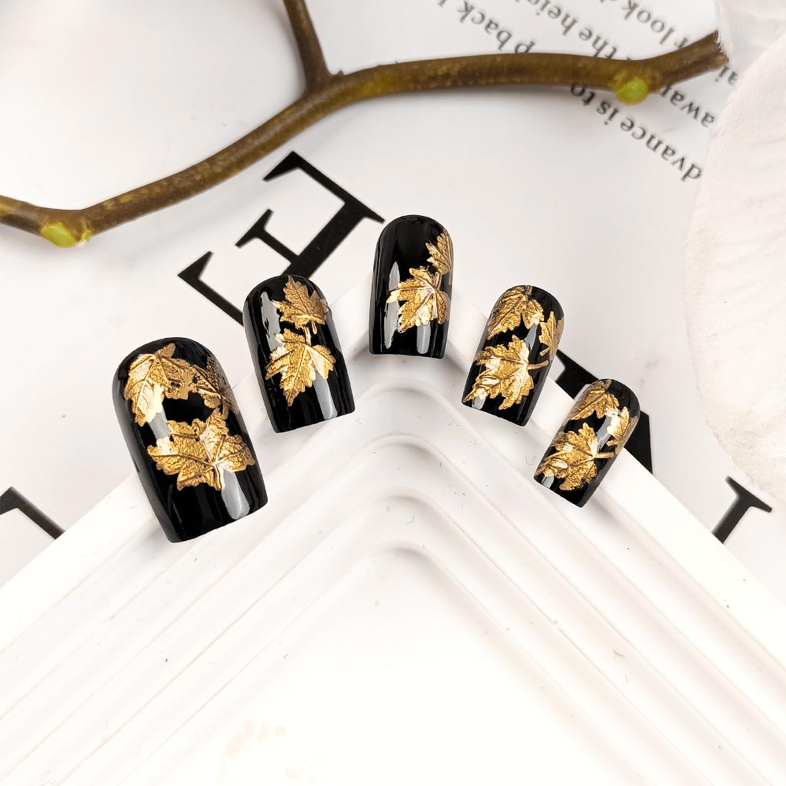 AROVFAM medium square nails with glossy gold glitter for an at-home salon vibe.