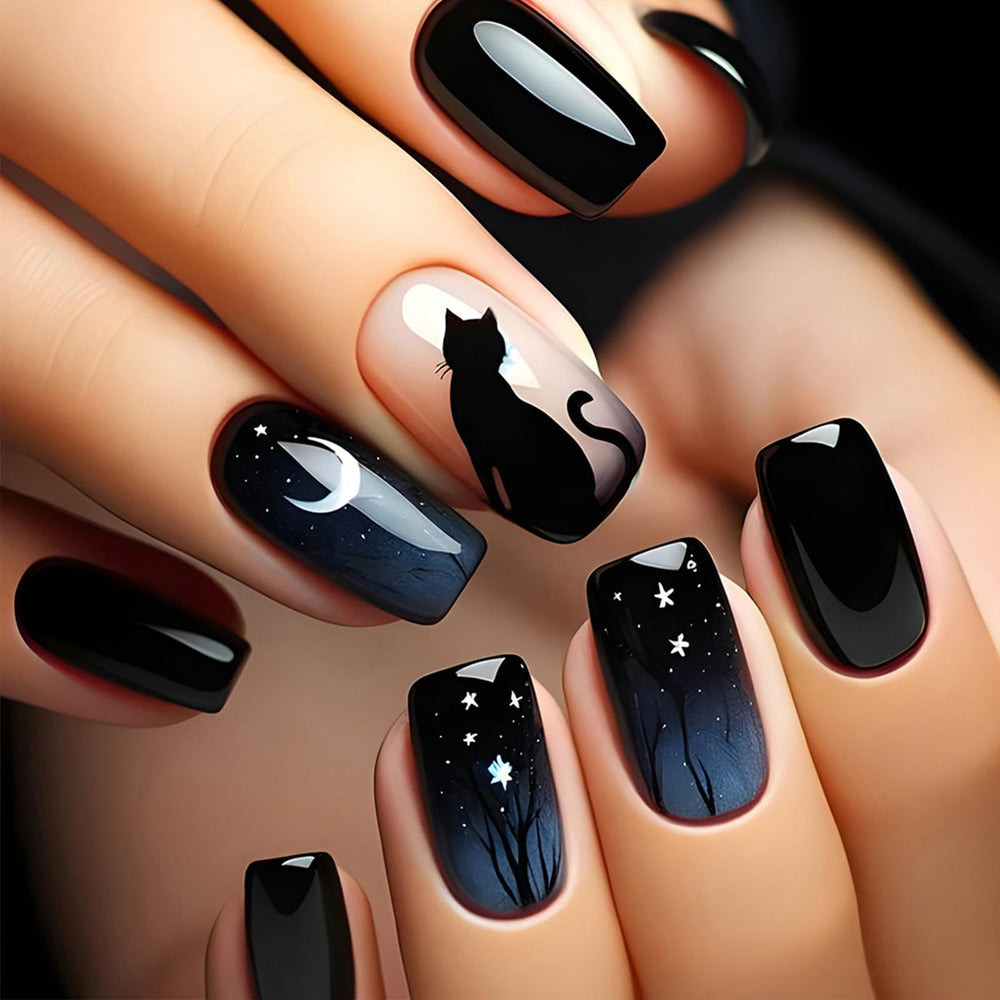AROVFAM Moon and Stars press-on nails with glossy dark night cat design for chic daily wear