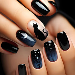 AROVFAM Moon and Stars press-on nails with glossy dark night cat design for chic daily wear