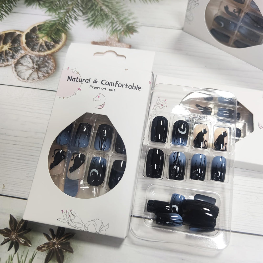 AROVFAM Moon and Stars set showcases blue gradient nails for elegant evenings