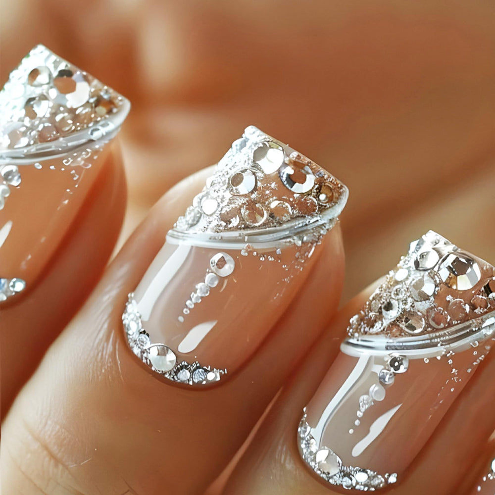 AROVFAM Silver Curve Line press-on nails front view for chic everyday wear