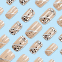 AROVFAM Silver Curve Line nails close-up showing rhinestones and glitter accents