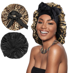 Arqumi cheetah satin sleep bonnet in black leopard for frizz control overnight