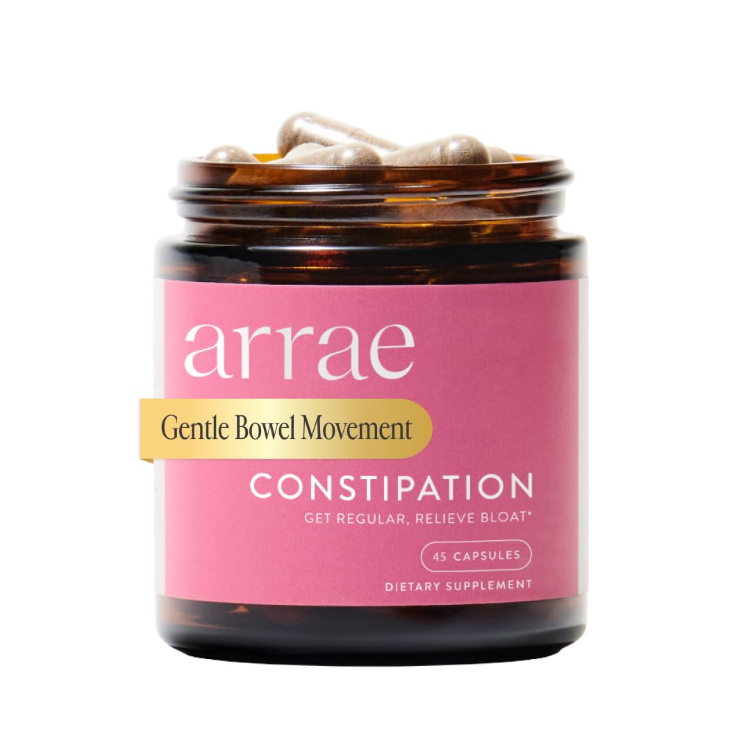 Arrae Constipation Relief Capsules bottle closeup highlighting a gentle, non-stimulant approach to regularity.