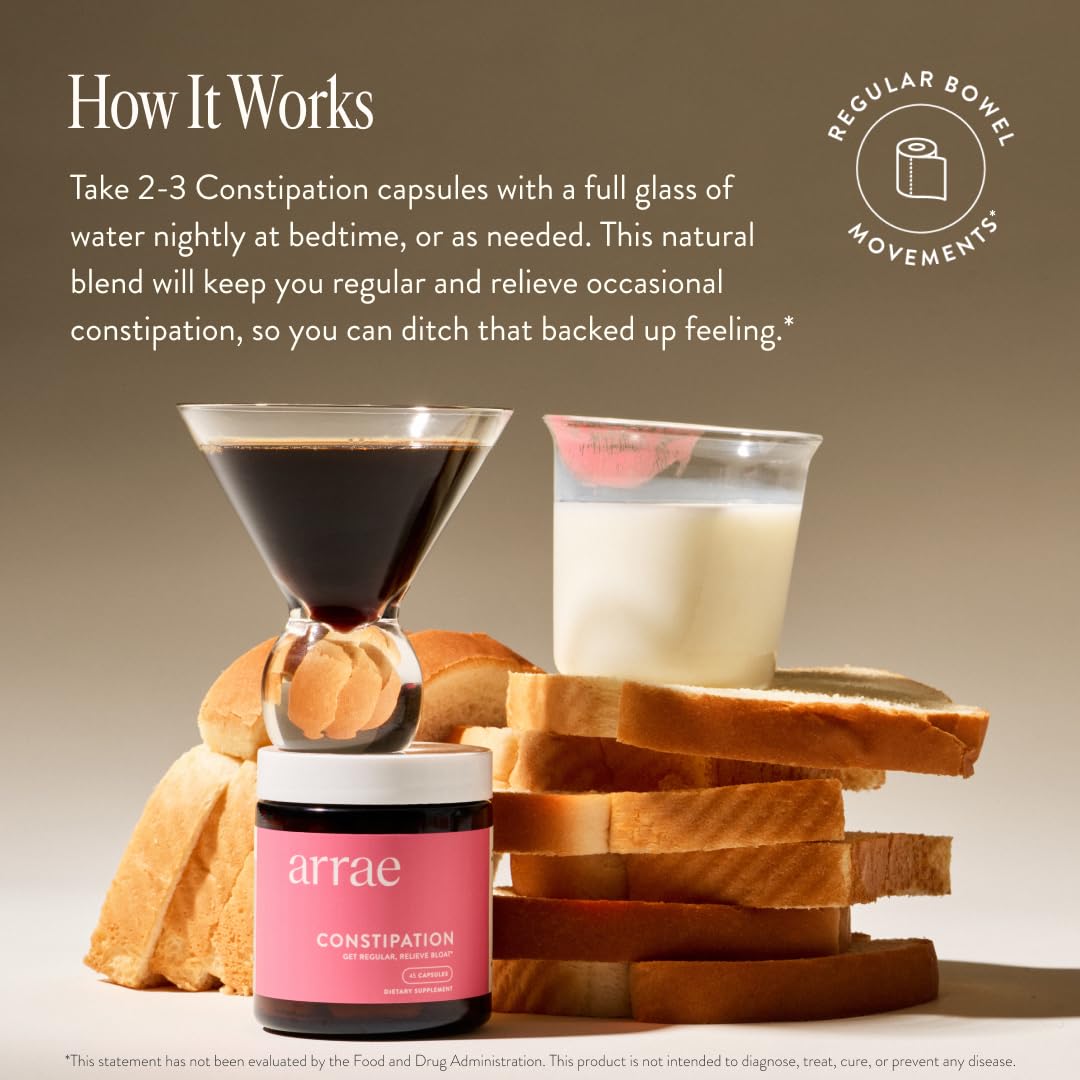 Arrae Constipation Relief Capsules pouring to illustrate overnight digestive support.
