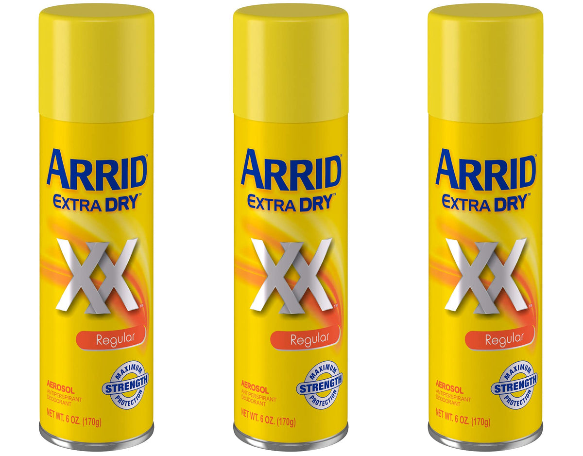 Arrid Extra Dry spray regular pack 3 cans for all-day protection and dryness.