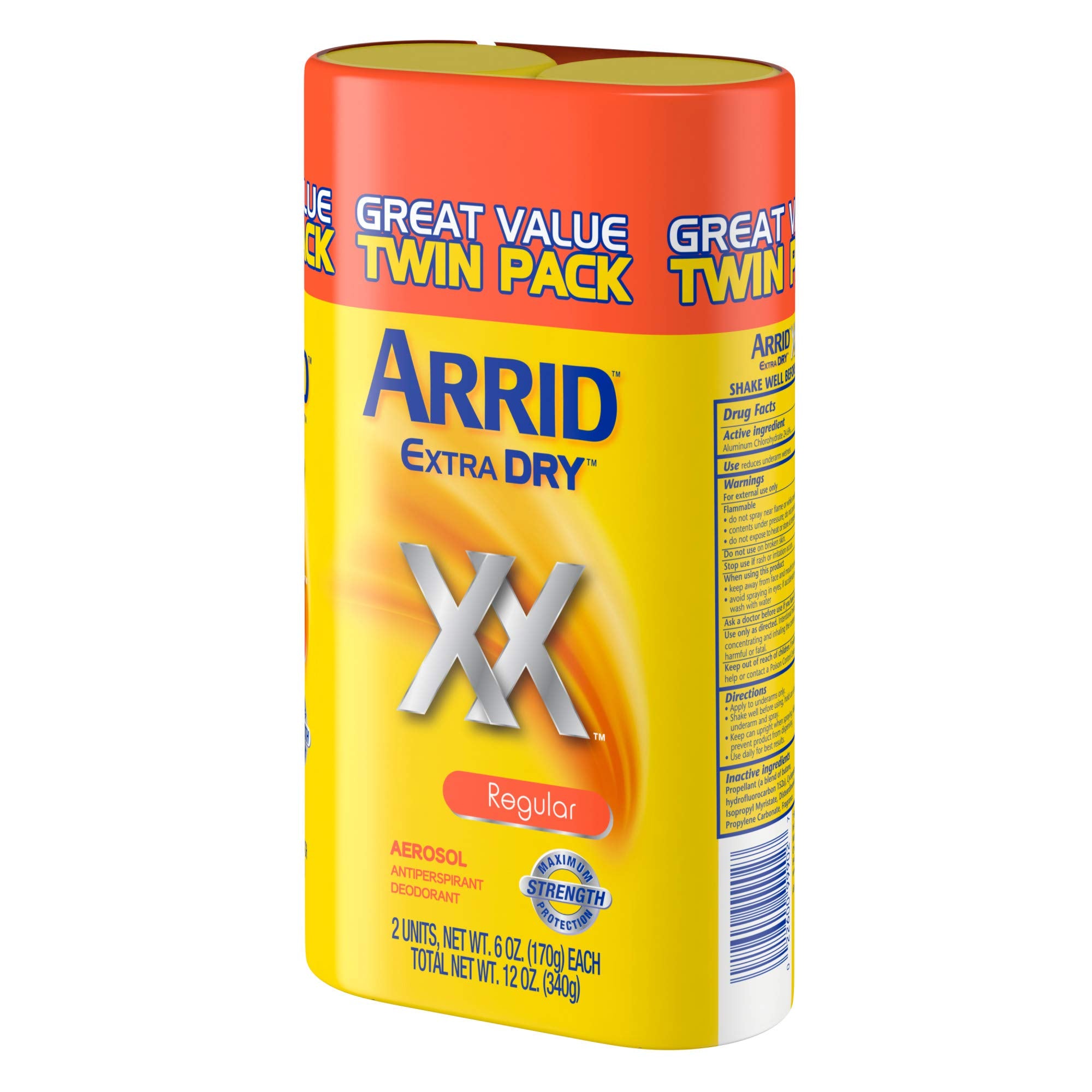 Arrid XX Extra Dry label closeup emphasizes maximum-strength protection features.