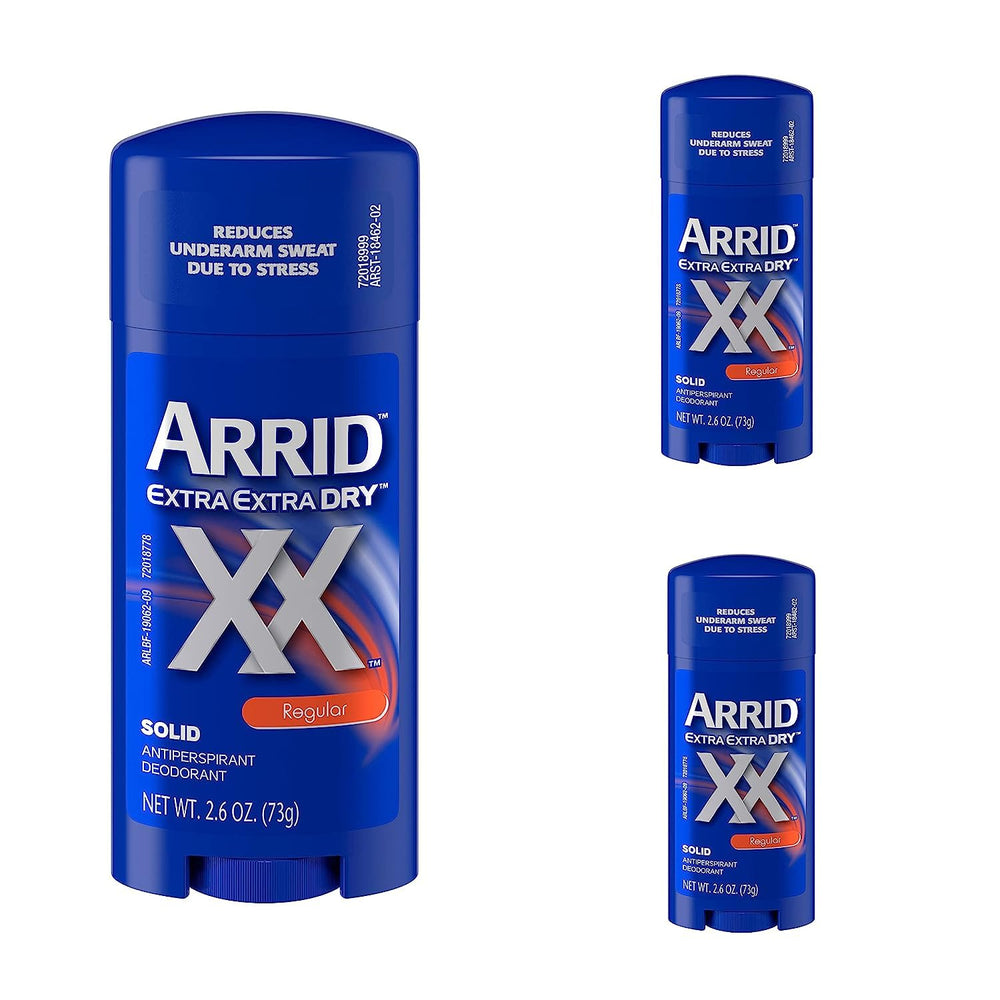 Arrid XX solid regular 3-pack front view highlights value for on-the-go protection.