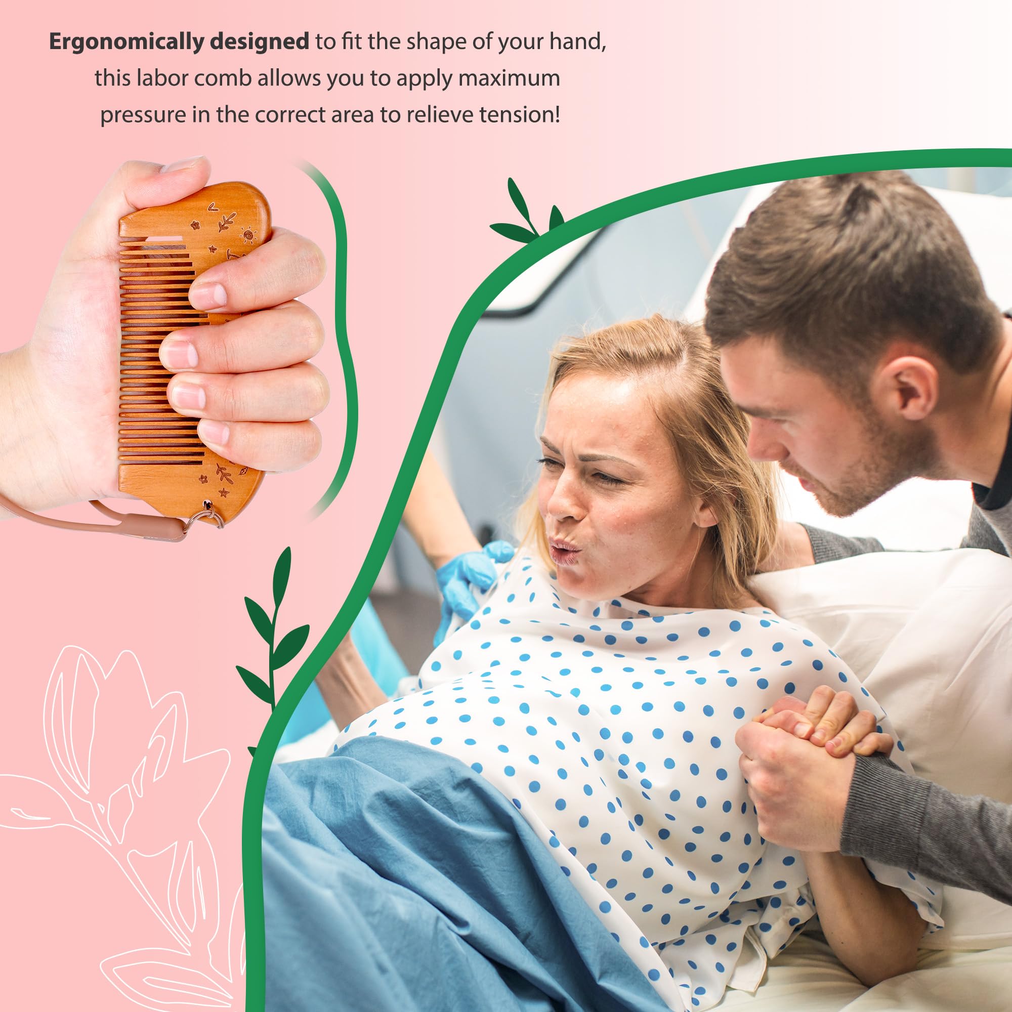 Arrozon birthing comb in-use illustrates tactile focus during labor.