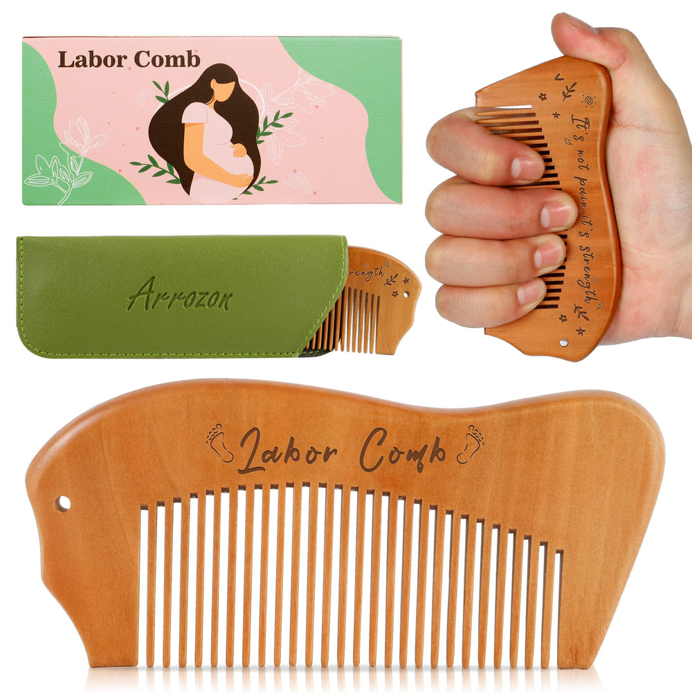 Arrozon birthing comb wooden-handle closeup shows ergonomic grip for comfortable use.