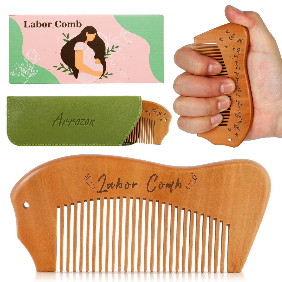 Arrozon birthing comb wooden-handle closeup shows ergonomic grip for comfortable use.
