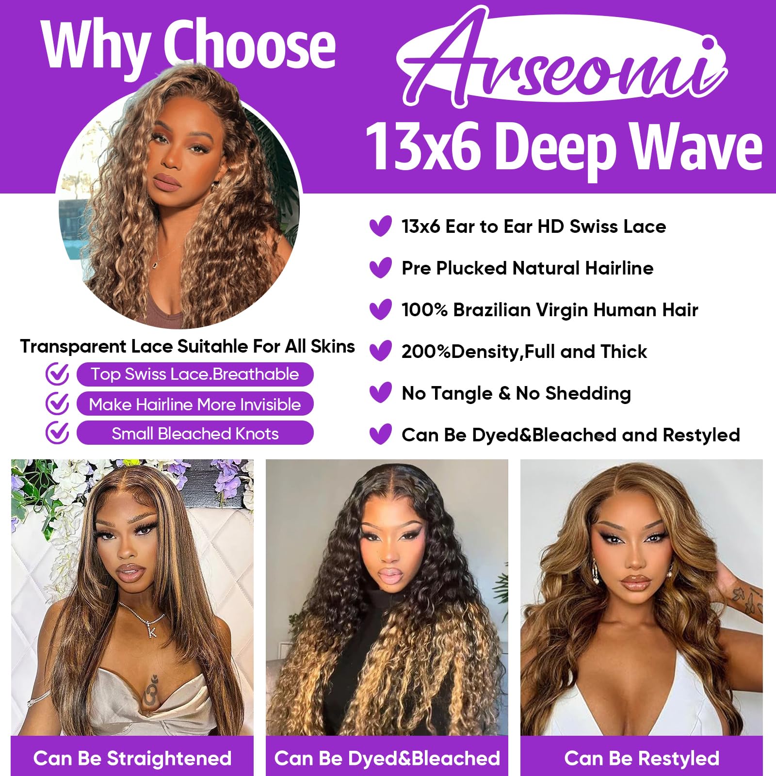 Arseomi hd transparent Swiss lace front for breathable, natural-looking scalp appearance.