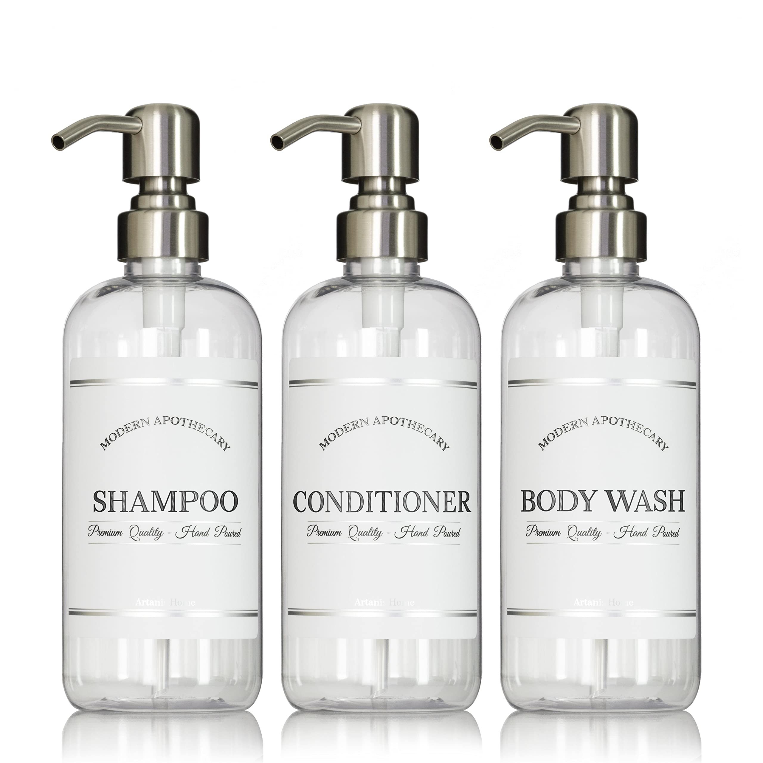Artanis Home clear refillable shampoo bottle with pump keeps your shower organized.