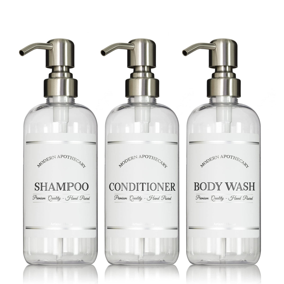 Artanis Home clear refillable shampoo bottle with pump keeps your shower organized.