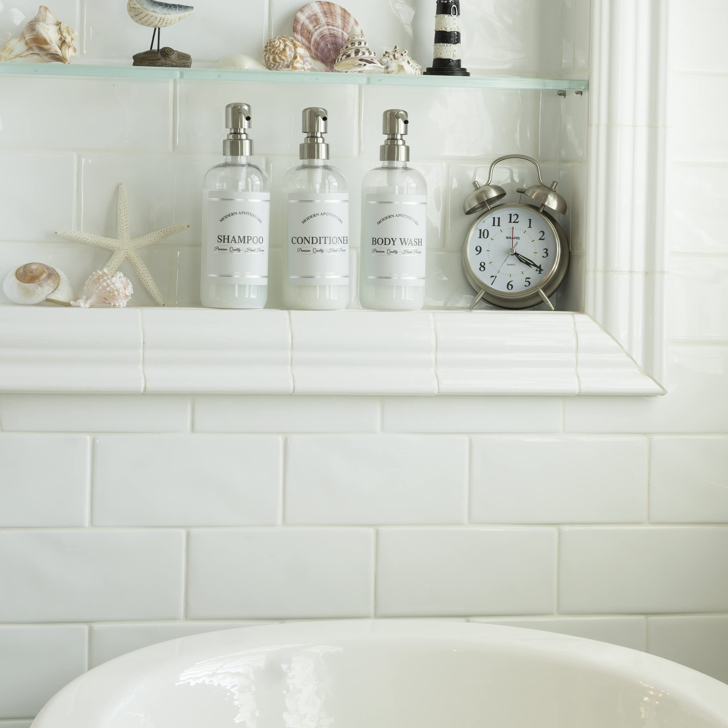 Artanis Home body wash bottle with waterproof label creates cohesive bathroom styling.