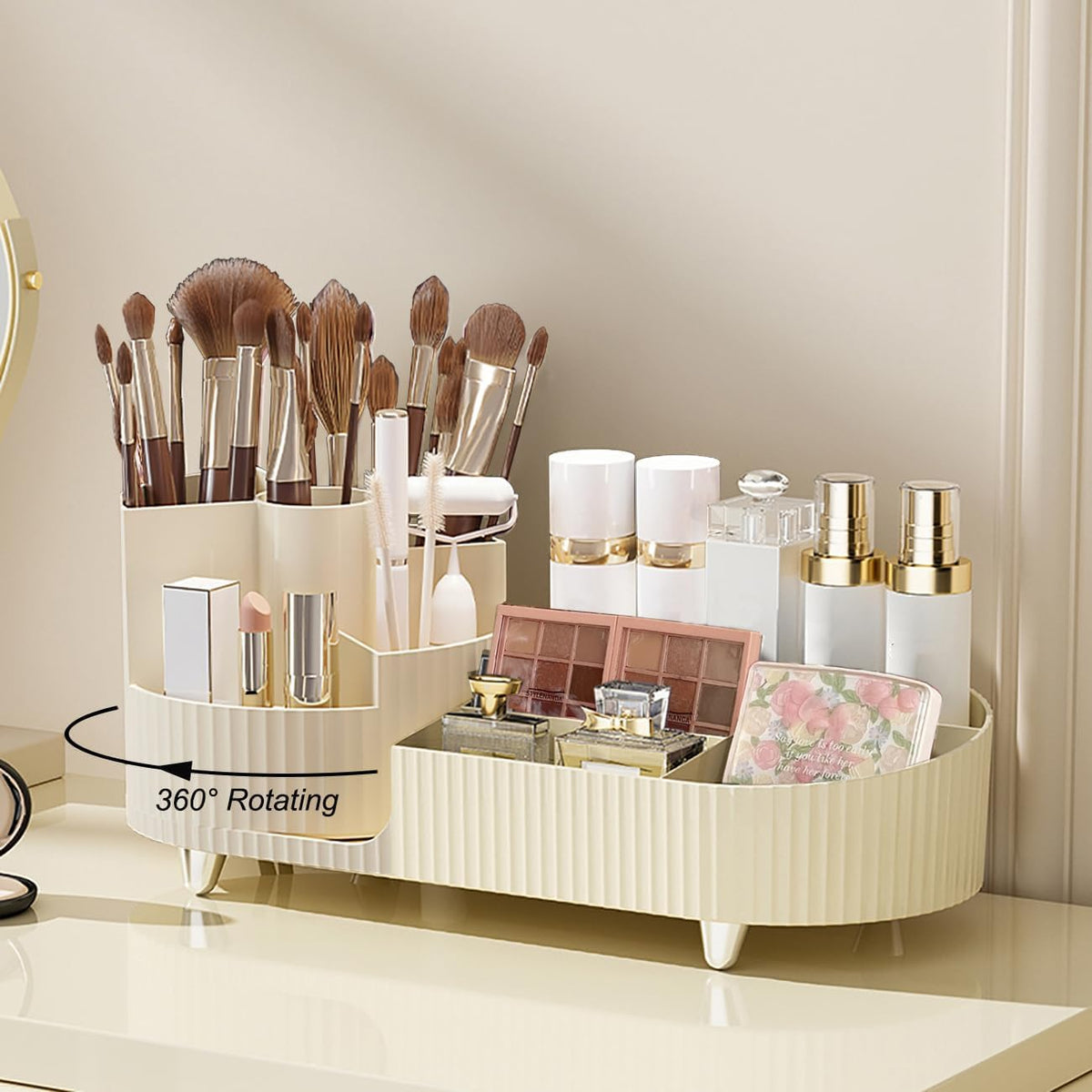Artcochan makeup rotating organizer keeps cosmetics within easy reach on a tidy vanity.