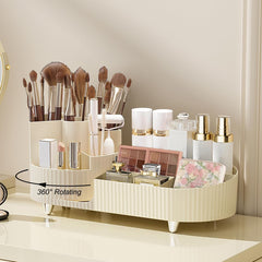 Artcochan makeup rotating organizer keeps cosmetics within easy reach on a tidy vanity.