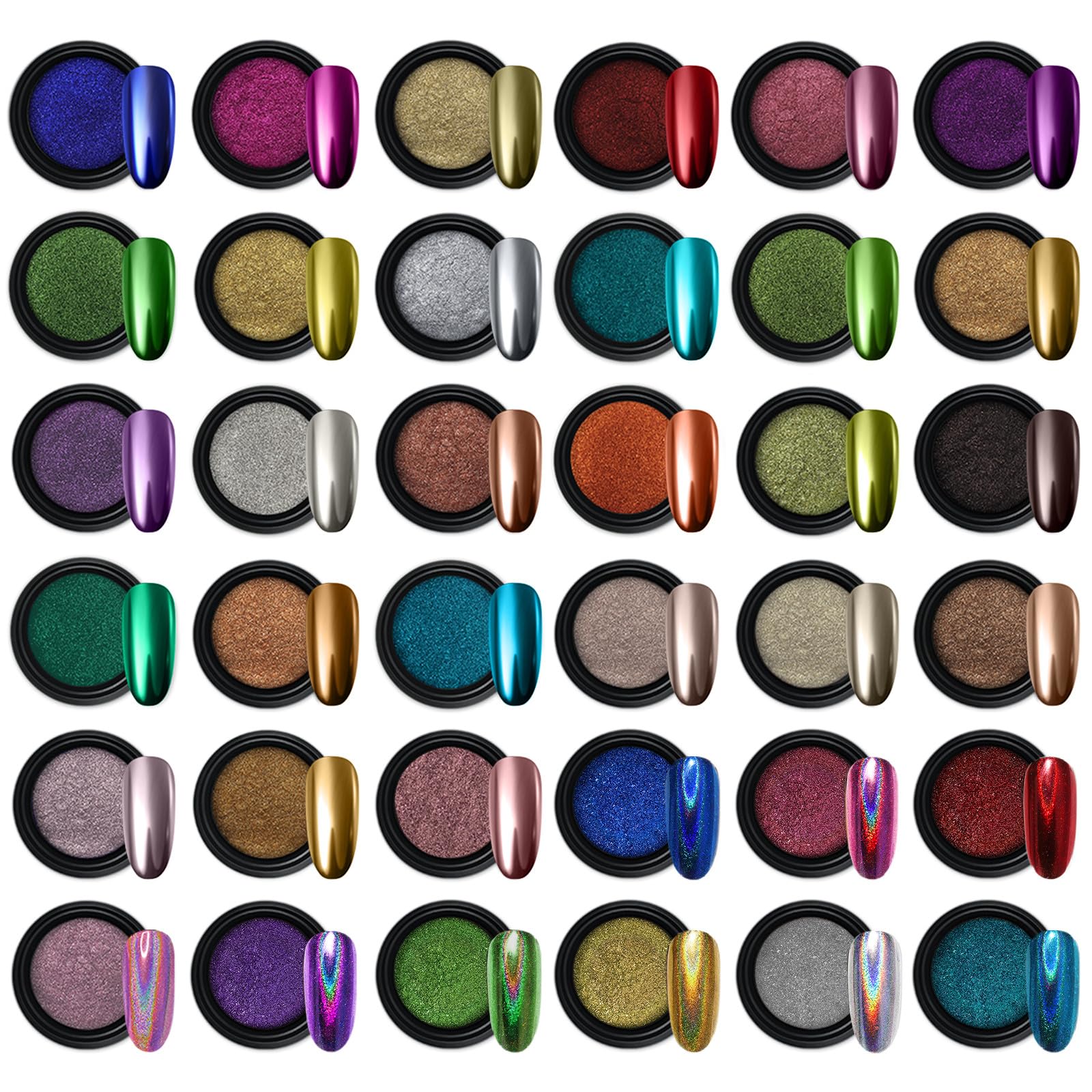 Artdone 36 jars chrome nail powder set closeup highlights premium mirror finish for nail art.