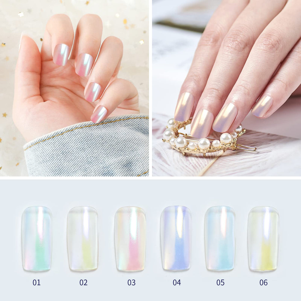 Artdone chrome powder unicorn shine on acrylic nails with chameleon glow