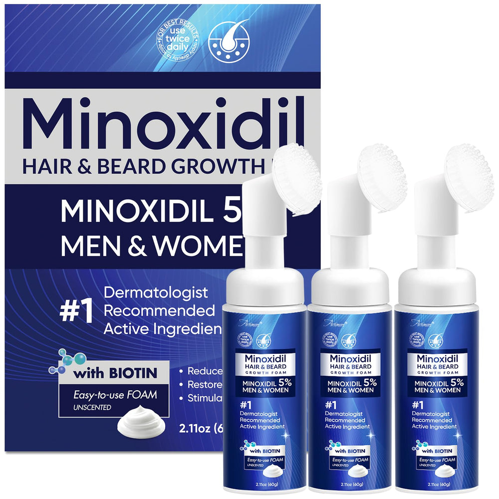 Artimore Minoxidil Foam bottle close-up for easy at-home thinning hair support.