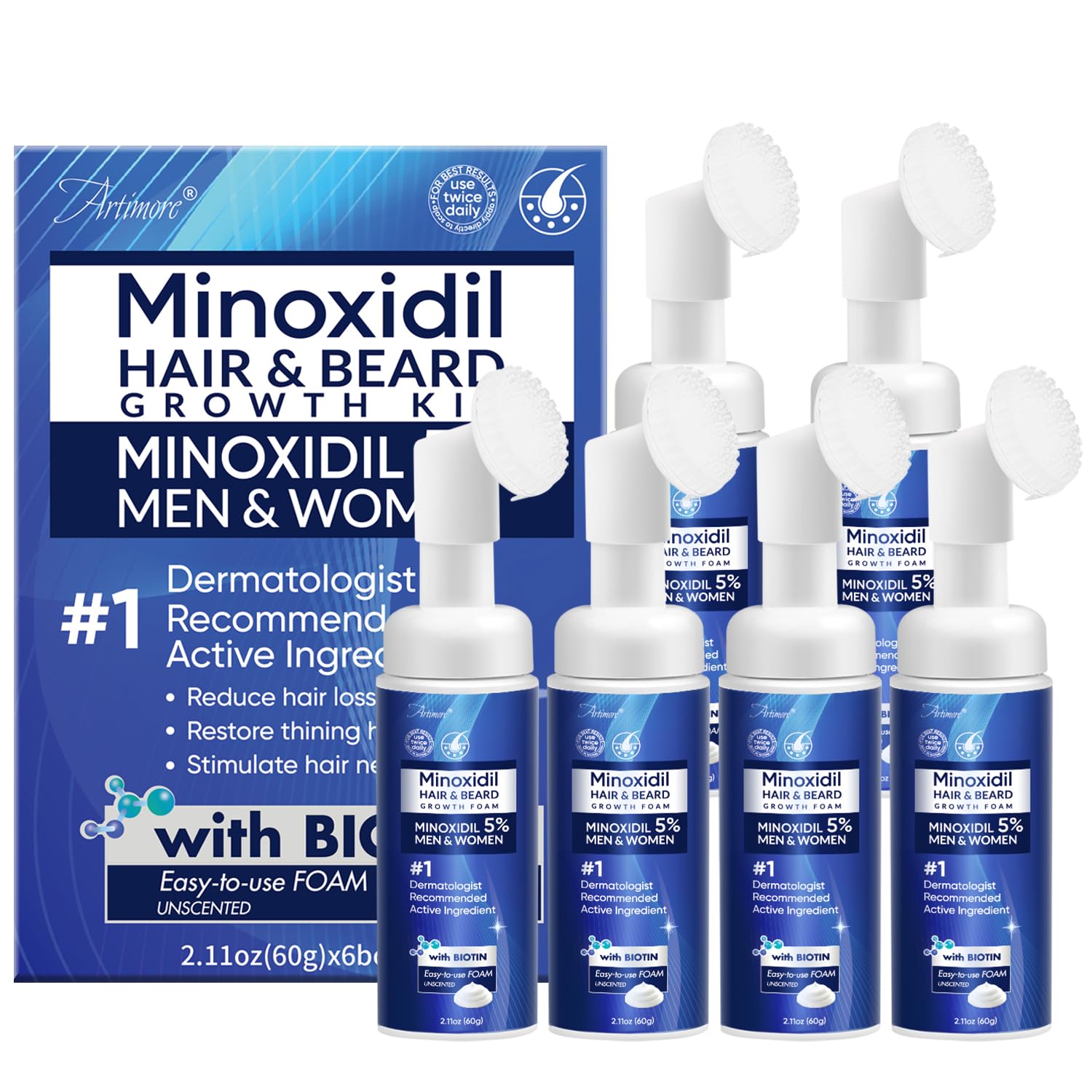 Artimore Minoxidil Foam bottle closeup for easy hair support.