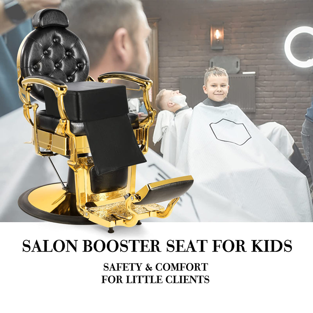 Artist hand children's leather cushion oversize barber seat black in-use—soft-supporting posture during haircuts