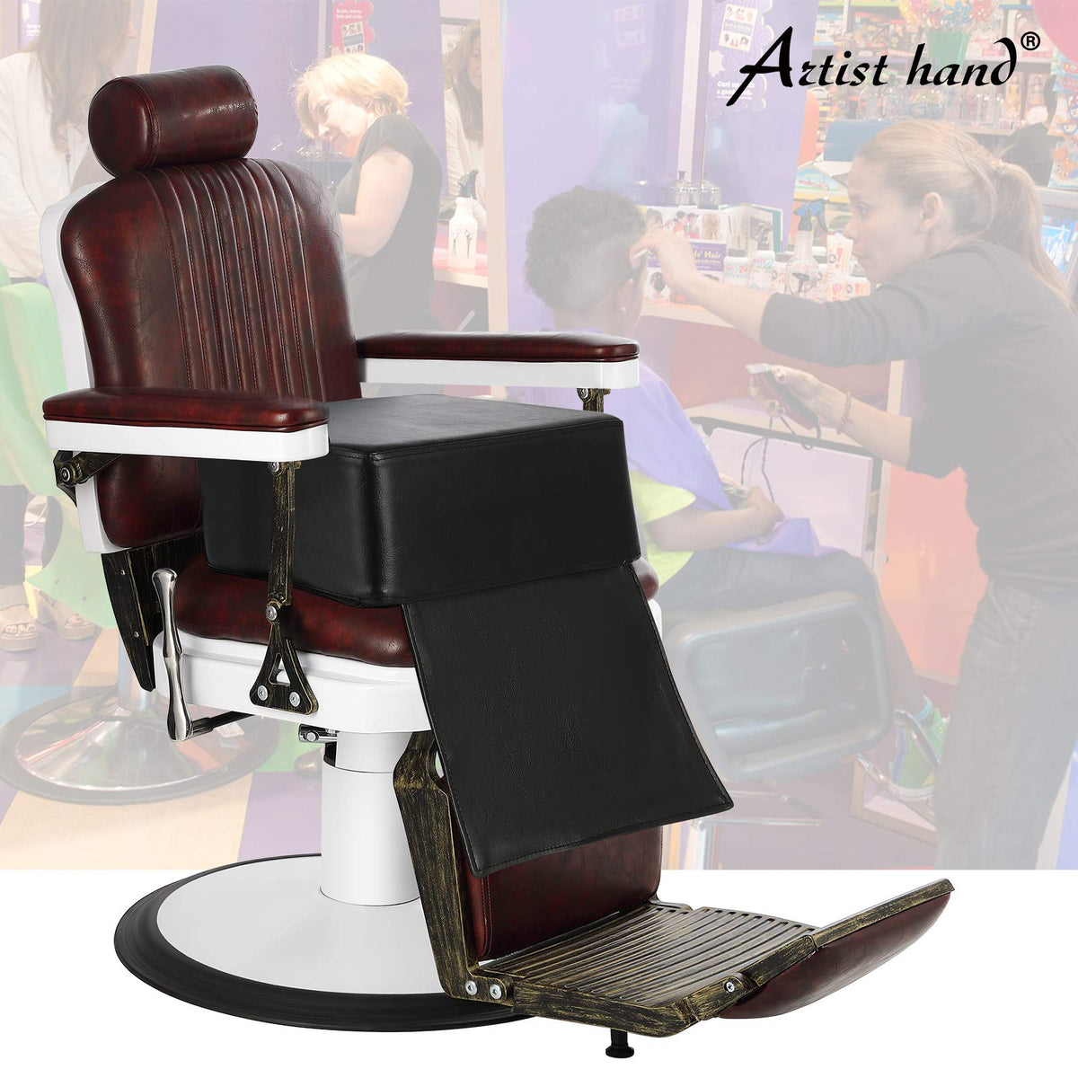 Artist hand children's leather cushion oversize barber seat black top view—ergonomic booster for comfortable haircuts