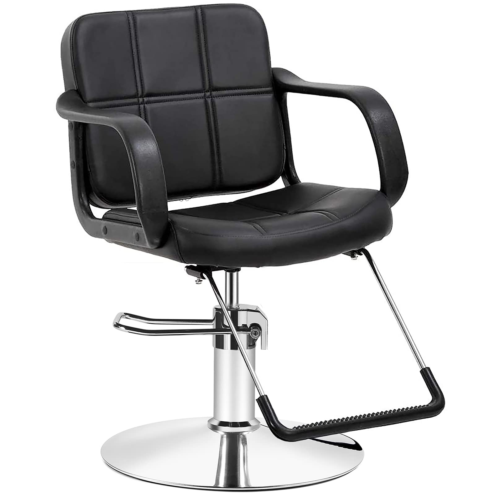 Artist hand hydraulic barber chair seat demonstrates widened comfort for clients
