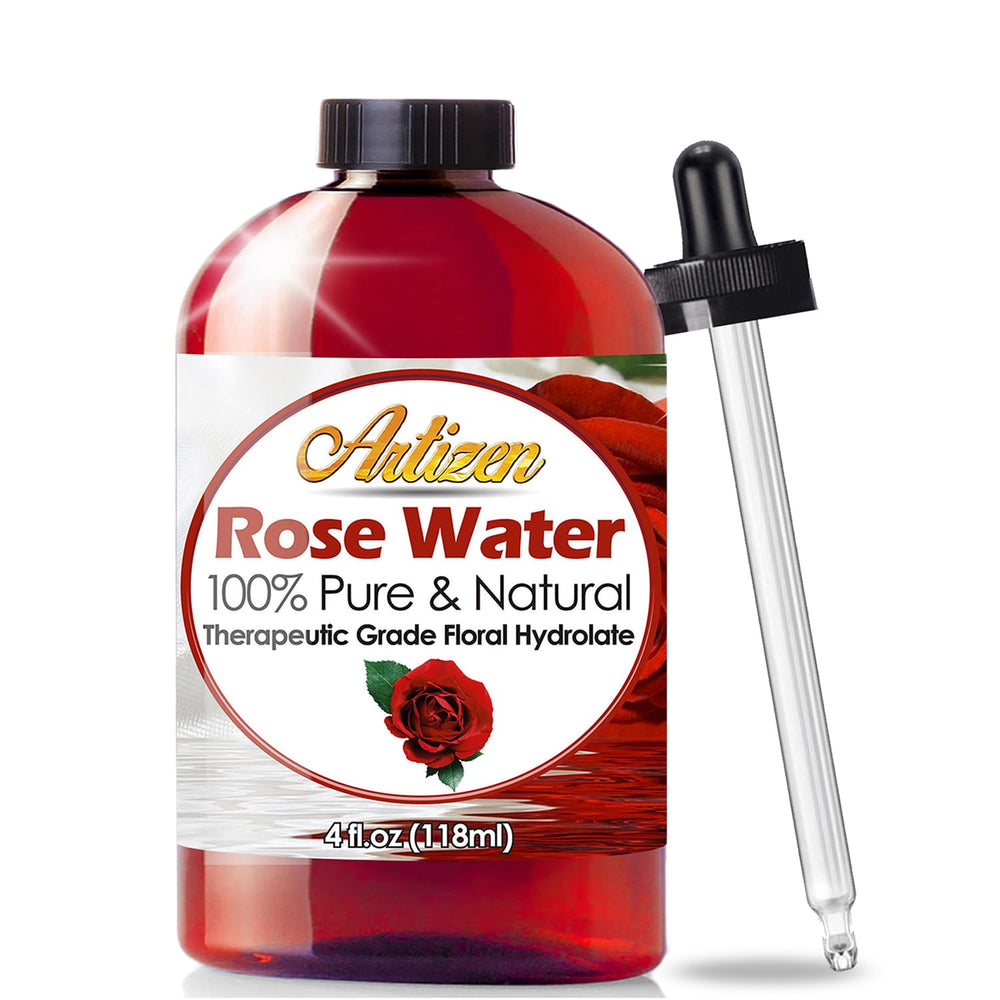 Artizen rose water bottle front view showing pure Moroccan aroma for skincare.