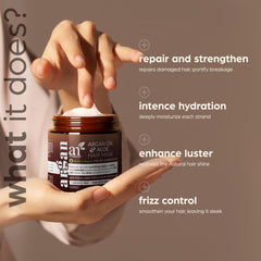 Artnaturals Argan Hair Mask ingredients visual highlights argan oil and aloe vera.