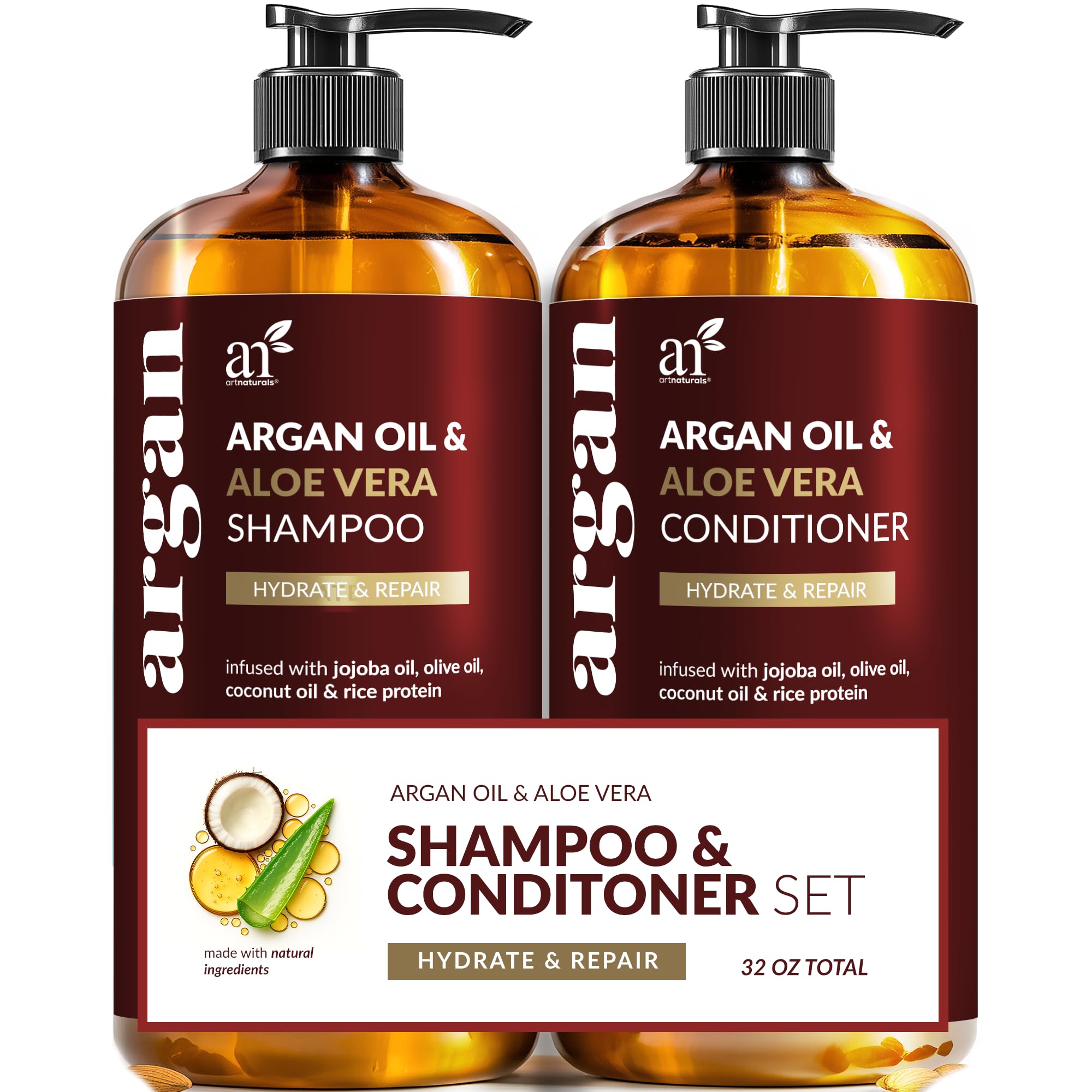artnaturals argan oil shampoo bottle closeup highlights hydrating formula for all hair types.