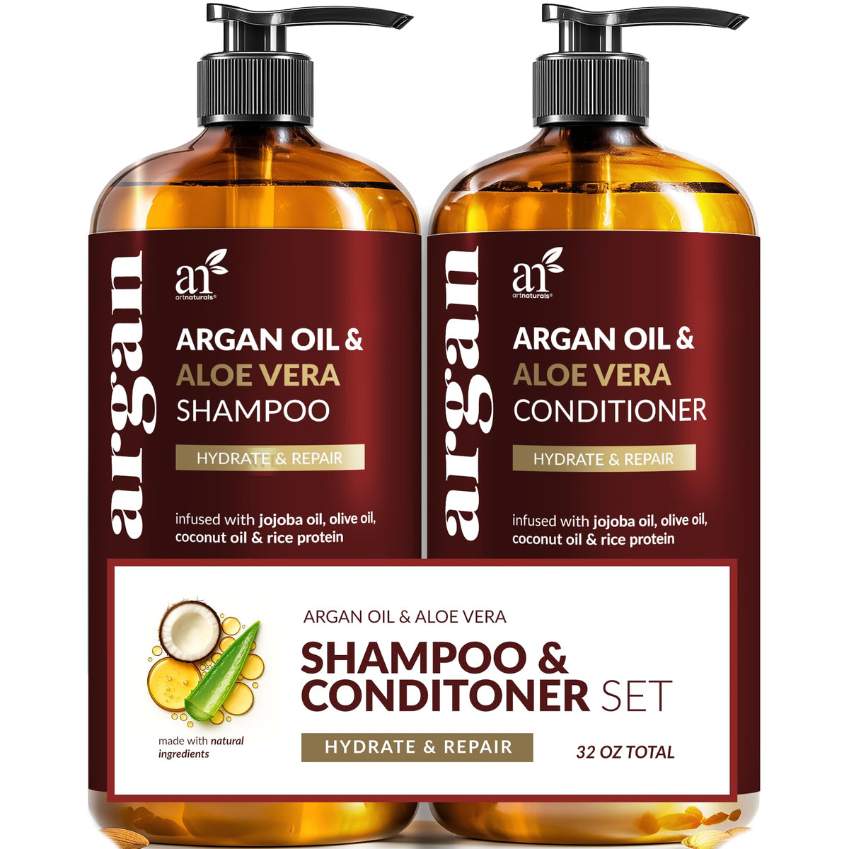 artnaturals argan oil shampoo bottle closeup highlights hydrating formula for all hair types.