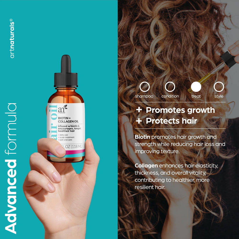 ArtNaturals Biotin Collagen Hair Oil ingredients close-up showing botanicals for conditioning.