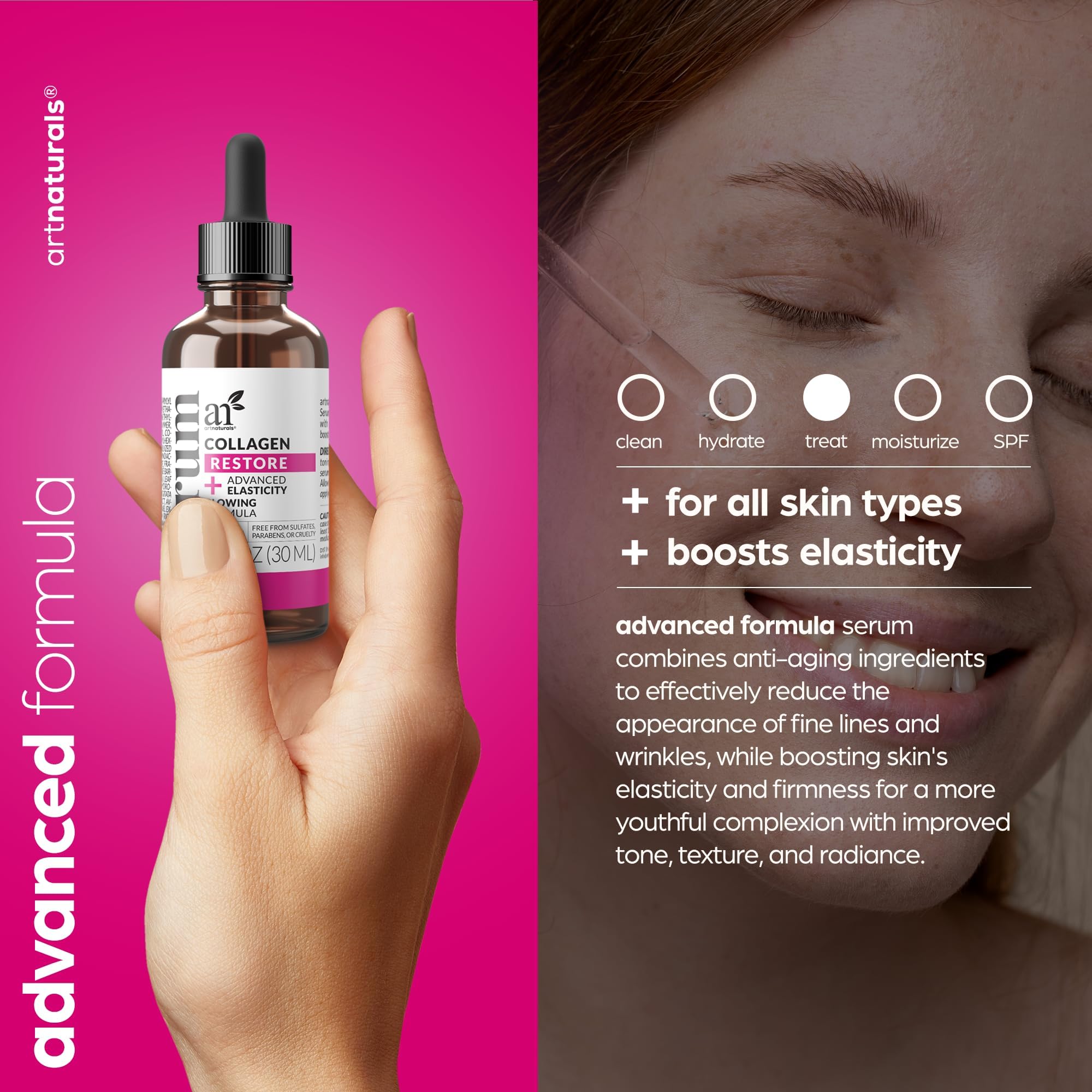 Artnaturals Collagen Booster Serum pump action demonstrates quick, mess free application