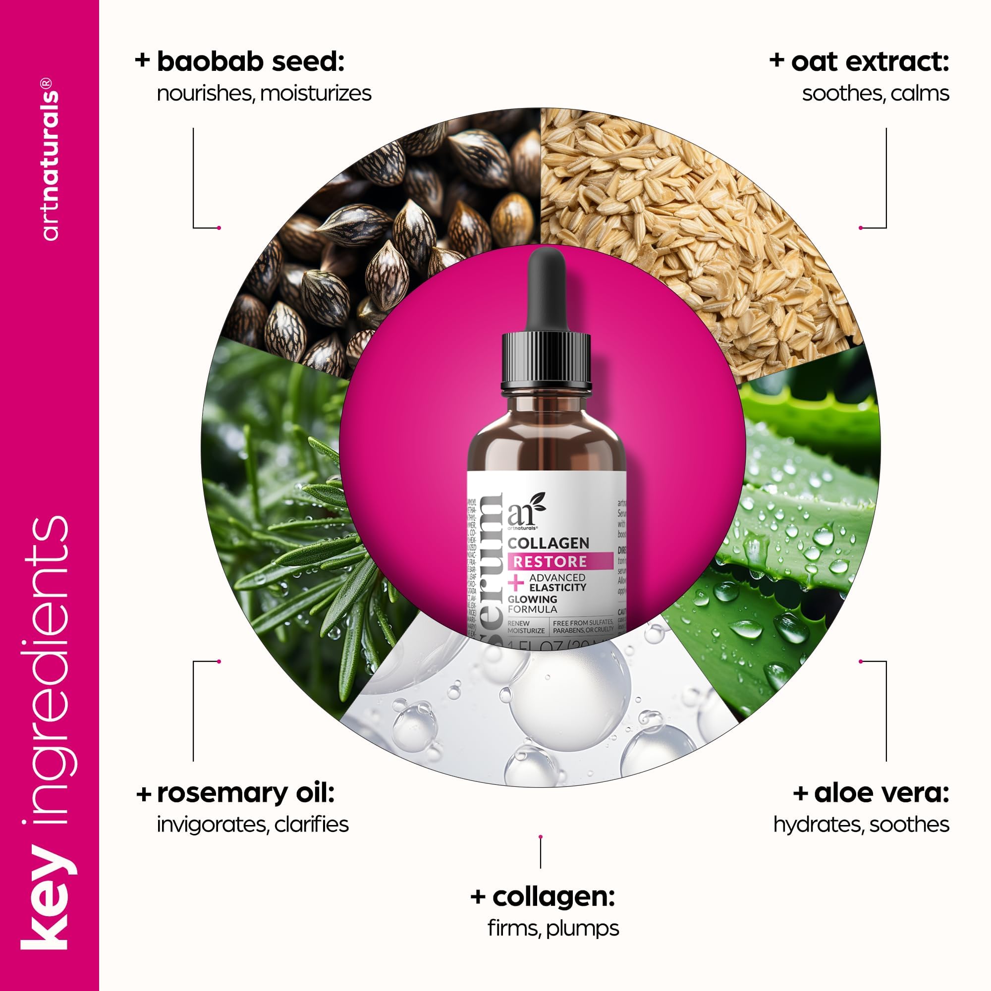 Artnaturals Collagen Booster Serum vegan formula label emphasizes cruelty free ingredients
