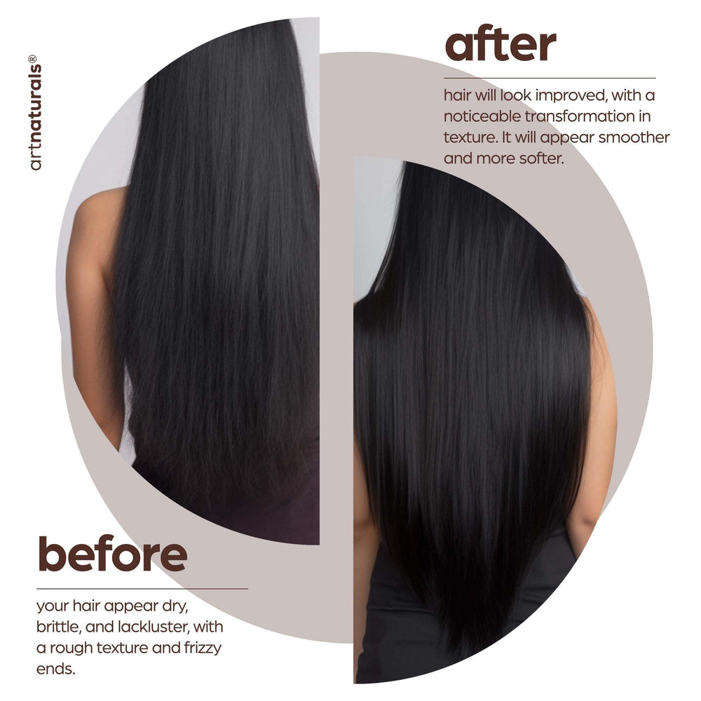artnaturals hair smoothing demonstration with flowing strands shows defrizzed texture.