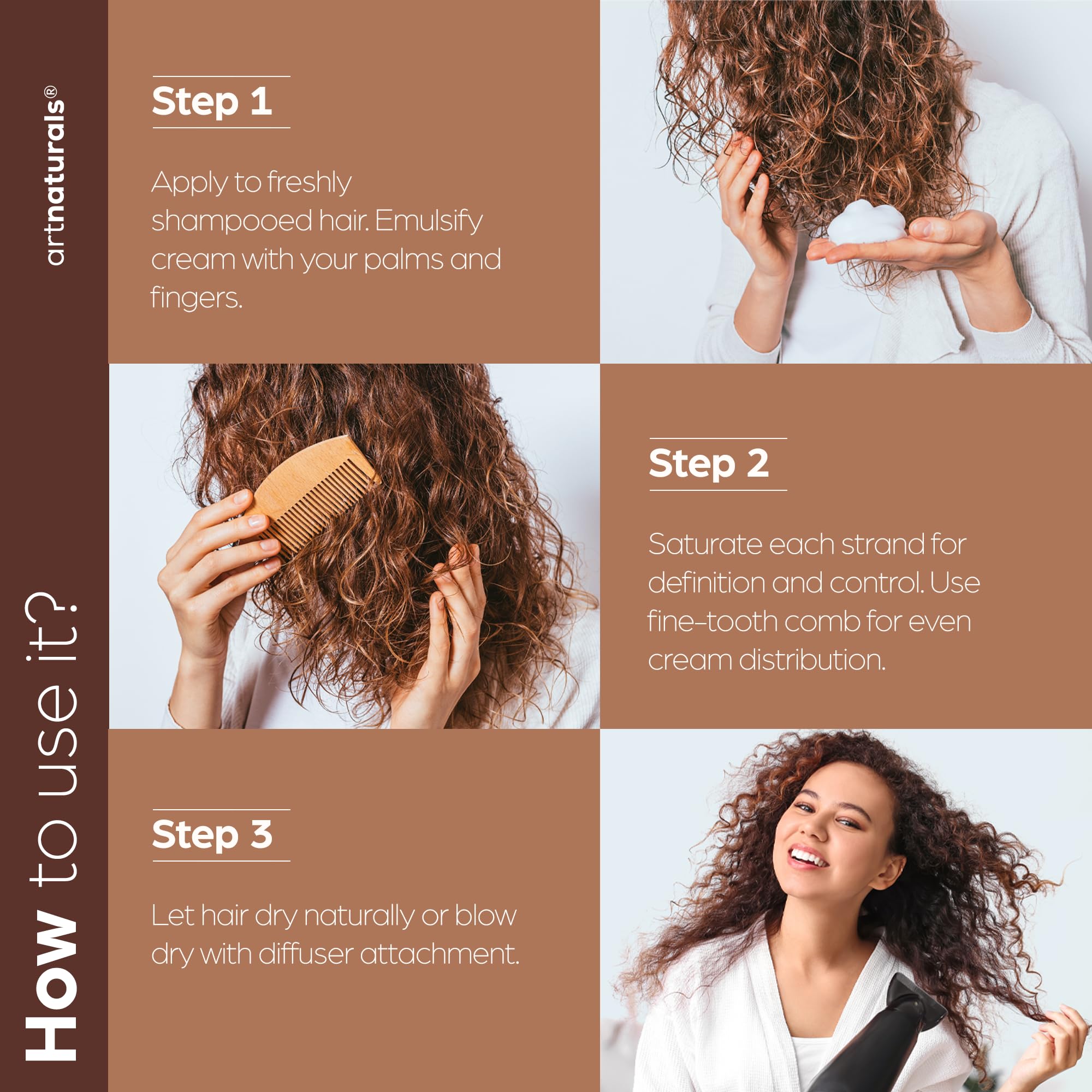 Artnaturals frizz control on model hair with defined curls.
