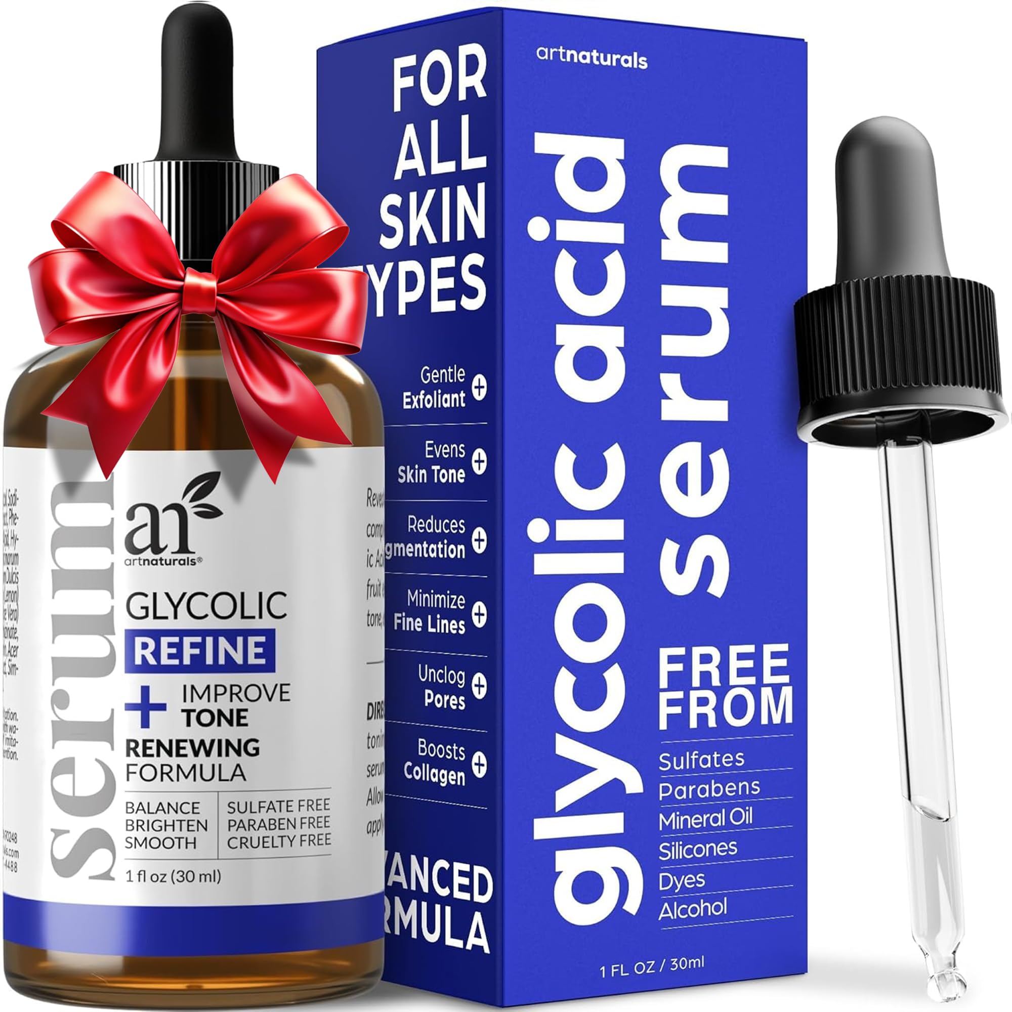 Artnaturals Glycolic Serum bottle shows brightening formula for radiant skin