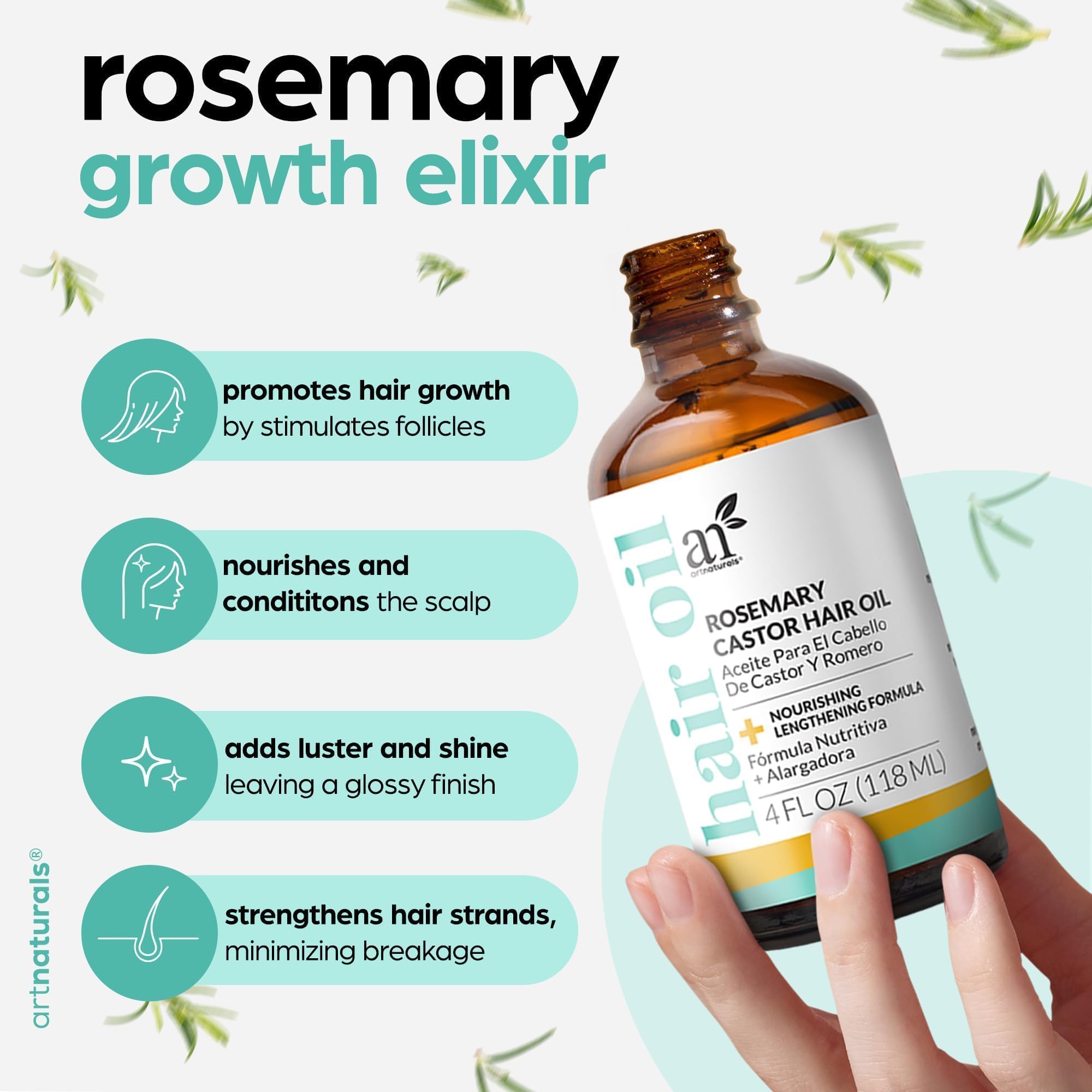 Artnaturals hair growth oil packaging highlighting coconut and olive oils.